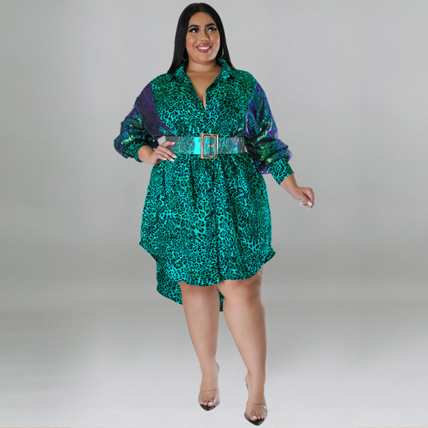 Large women's leopard print long sleeve sequin skirt