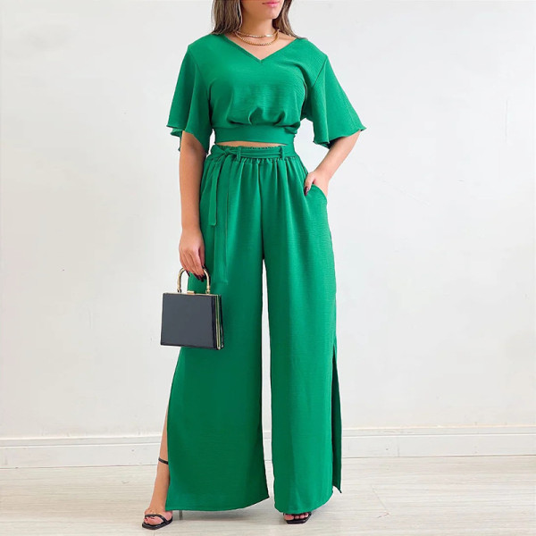 V-Neck Ruffle Sleeve Short Sleeve Shirt High Waist Wide Leg Pants Large Casual Set