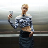 Fashion off the neck camouflage printing slim open navel T-shirt base