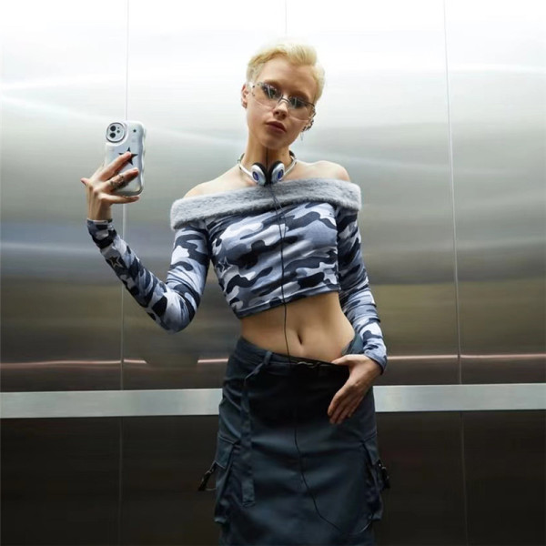 Fashion off the neck camouflage printing slim open navel T-shirt base