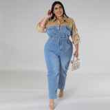 Oversized women's denim color contrast jumpsuit