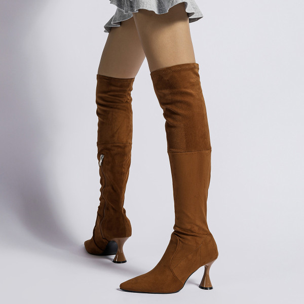 Large Suede Boots Long Over Knee Pointed Back Lace up High Heel Elastic Boots