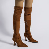 Large Suede Boots Long Over Knee Pointed Back Lace up High Heel Elastic Boots
