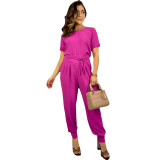 Casual Set Solid Round Neck Short Sleeve T-shirt High Waist Drawstring Leggings Two Piece Set