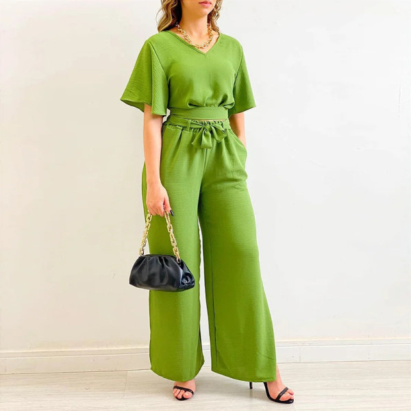 V-Neck Ruffle Sleeve Short Sleeve Shirt High Waist Wide Leg Pants Large Casual Set