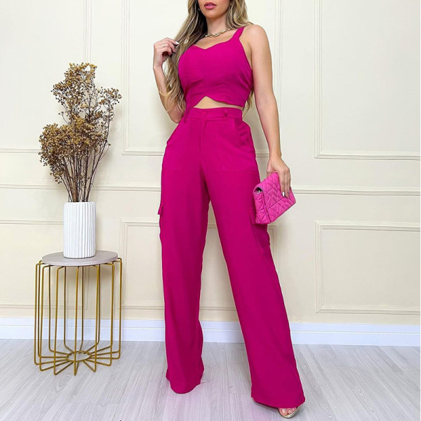 Solid Laced Vest High Waist Inset Straight Pants Large Casual Set