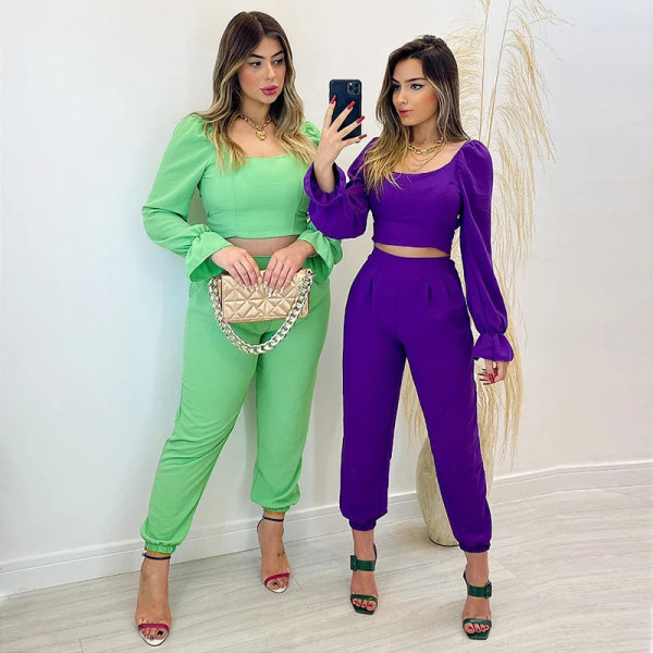 Square neck long sleeve shirt high waist leggings large fashion casual suit