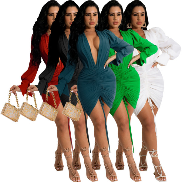 Women's fashion V-neck long sleeve solid color dress