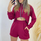 Hooded long sleeved sweater high waist patch pocket shorts large fashion casual suit