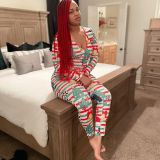 Women's Christmas printed V-neck long sleeve jumpsuit