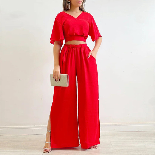 V-Neck Ruffle Sleeve Short Sleeve Shirt High Waist Wide Leg Pants Large Casual Set