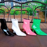 Fashion multicolor pointed patent leather candy color slip on solid medium boots with thin heels