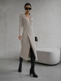 Split Strap Thread Knit Dress Autumn and Winter Mid length Polo Neck Long Sleeve Sexy Skirt Dress