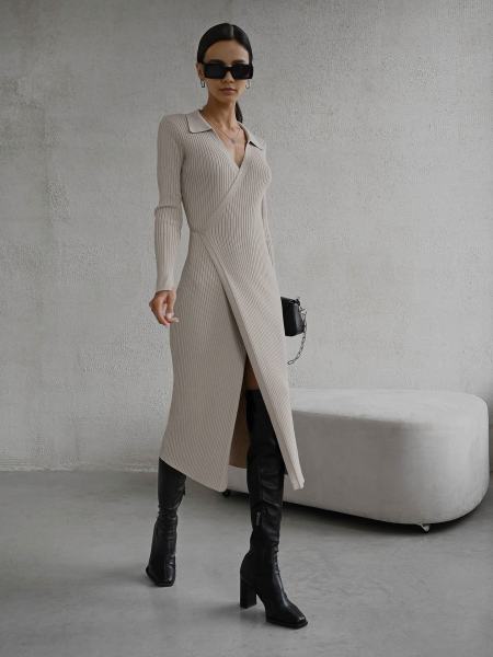 Split Strap Thread Knit Dress Autumn and Winter Mid length Polo Neck Long Sleeve Sexy Skirt Dress