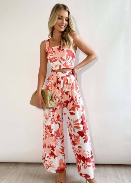 Short printed waistcoat high waist wide leg trousers casual suit