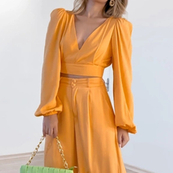 V-neck long sleeve shirt high waist wide leg trousers large fashion casual suit
