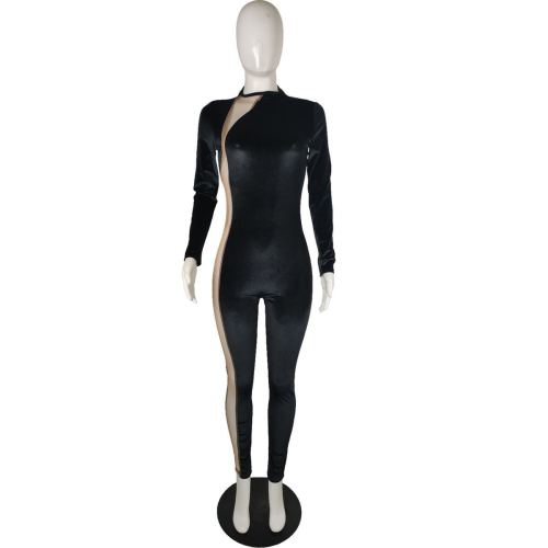 Autumn and winter Korean velvet long digital zipper sexy perspective mesh jumpsuit