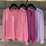 Solid V-neck long sleeve shoulder button shirt high waist pocket pants two piece set