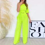 Diagonal collar single side sleeve short shirt high waist pocket wide leg pants casual suit