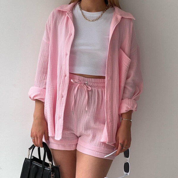 Wrinkle lapel long sleeve shirt high waist drawstring shorts large fashion casual suit