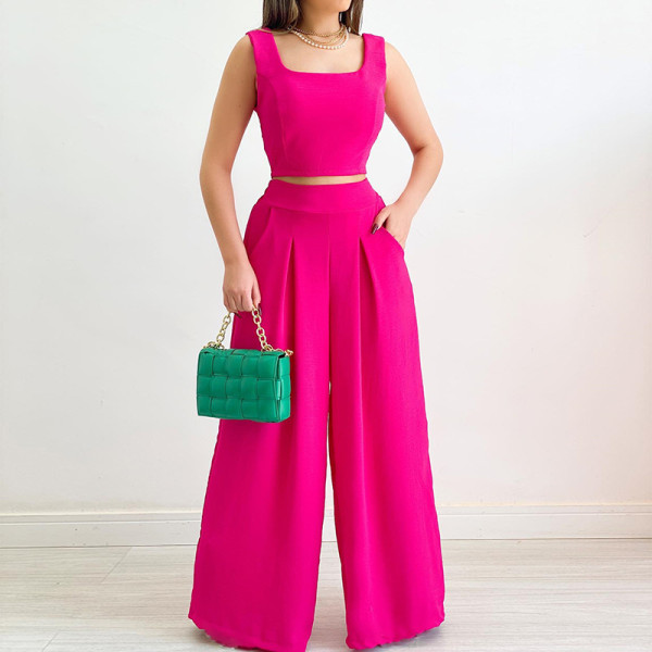 Square Neck Short Tank Top High Waist Wide Leg Pants Large Fashion Casual Set