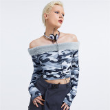 Fashion off the neck camouflage printing slim open navel T-shirt base