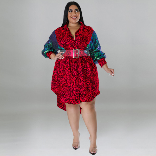 Large women's leopard print long sleeve sequin skirt