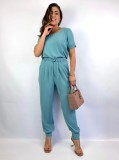 Casual Set Solid Round Neck Short Sleeve T-shirt High Waist Drawstring Leggings Two Piece Set