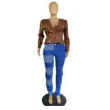 Slim fitting commuter V-neck PU leather coat