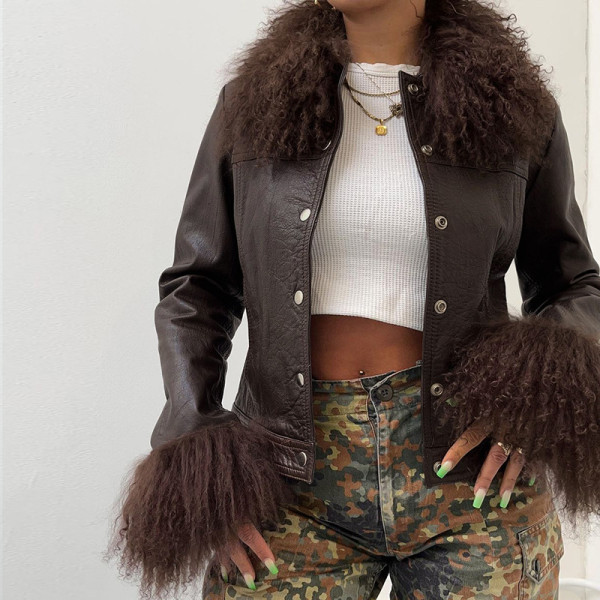 Leather patchwork wool collar jacket vintage style wool sleeve slim fit coat