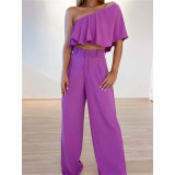 Ruffle hem solid diagonal collar shirt high waist pocket wide leg pants two-piece set