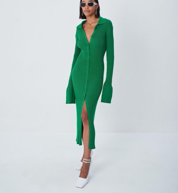 Long sleeve V-neck long button trumpet sleeve sweater dress