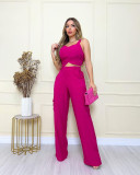 Solid Laced Vest High Waist Inset Straight Pants Large Casual Set