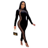 Autumn and winter Korean velvet long digital zipper sexy perspective mesh jumpsuit