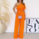 Diagonal collar single side sleeve short shirt high waist pocket wide leg pants casual suit