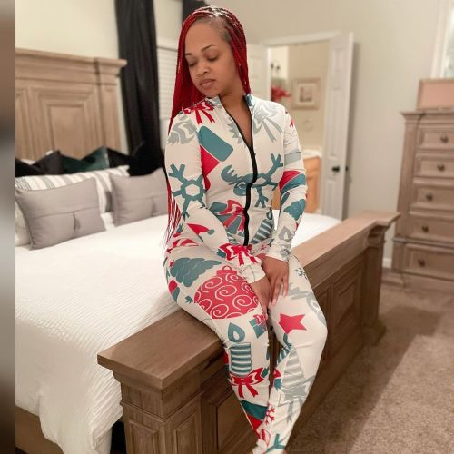 Women's Christmas printed V-neck long sleeve jumpsuit