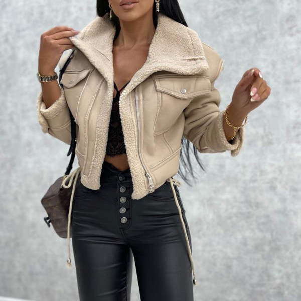 Lamb hair short coat zipper motorcycle jacket top
