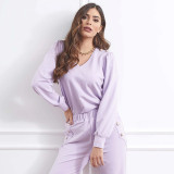 Solid V-neck long sleeve shoulder button shirt high waist pocket pants two piece set