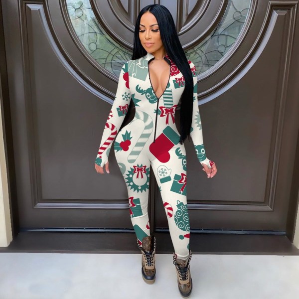 Women's Christmas printed V-neck long sleeve jumpsuit