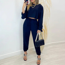 Round neck long sleeve shirt drawstring high waist small leg pants large casual suit