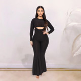 Solid high elastic jacquard suspender flare pants suit