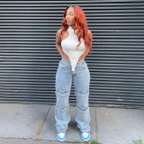 Women's street fashion pocket work style clean color straight casual jeans