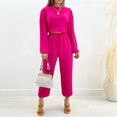 Round neck long sleeve shirt drawstring high waist small leg pants large casual suit