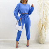 Round neck long sleeve shirt drawstring high waist small leg pants large casual suit