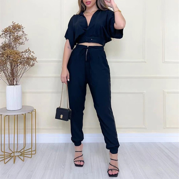 V-Neck Bat Sleeve Short Shirt High Waist Leggings Fashion Casual Set