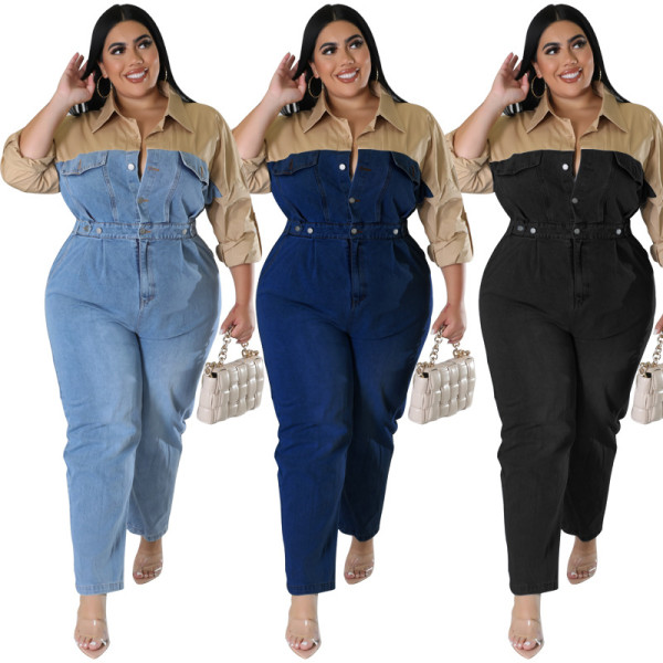 Oversized women's denim color contrast jumpsuit