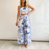 Short printed waistcoat high waist wide leg trousers casual suit