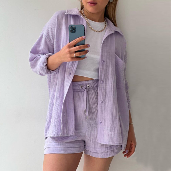 Wrinkle lapel long sleeve shirt high waist drawstring shorts large fashion casual suit