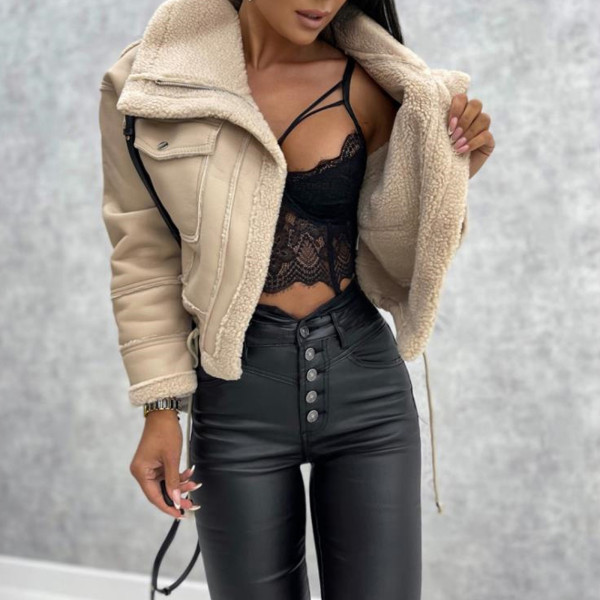 Lamb hair short coat zipper motorcycle jacket top