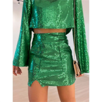 Round neck flare sleeve sequin shirt high waist hip wrap skirt two-piece set Round neck flare sleeve sequin shirt high waist hip wrap skirt two-piece set